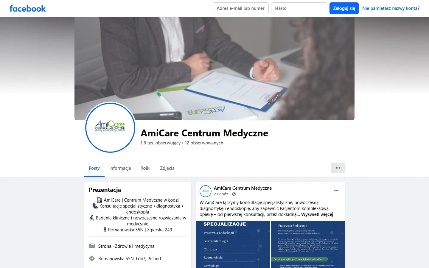 Profil AmiCare Centrum Medyczne na Facebook